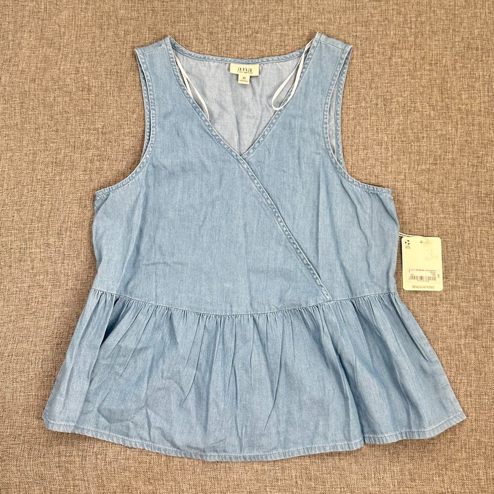NEW! a.n.a a New Approach Peplum Top XS Blue $32 Sleeveless Cotton Blend V-Neck